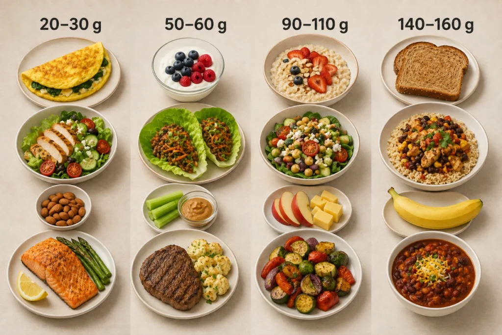 Four meals show different daily carbohydrate amounts, ranging from very low to high.
