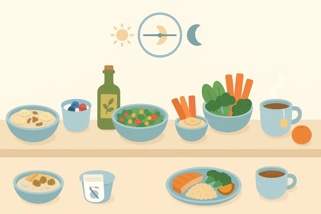 Day of DASH meals on one counter: oatmeal, yogurt, salad, hummus, salmon with sides, tea; time icons.