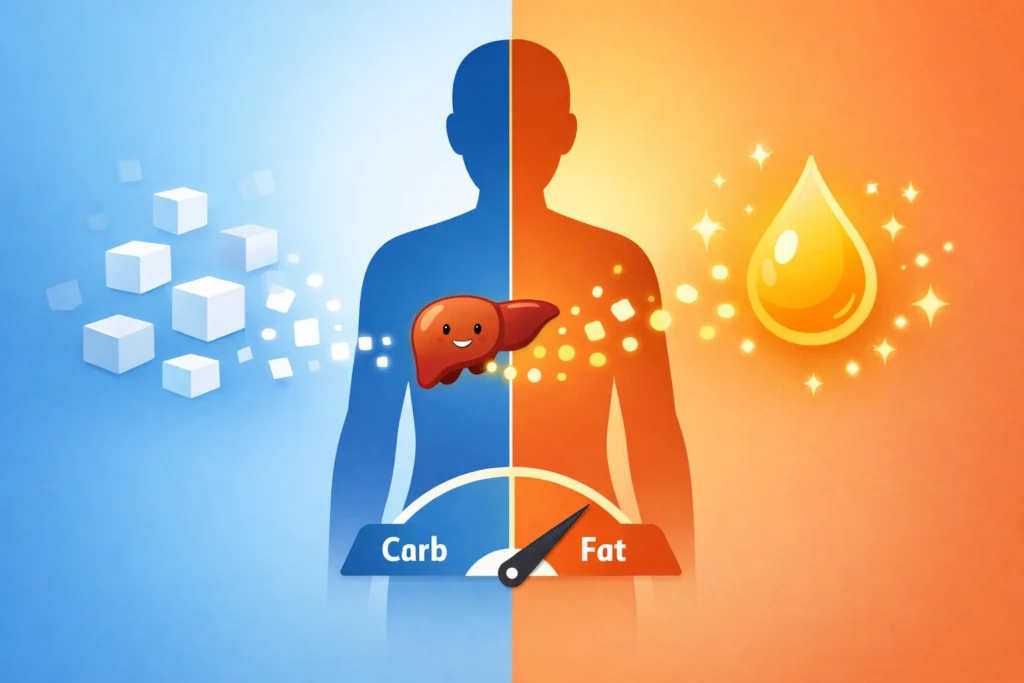 Human silhouette showing switch from sugar to fat fuel, with fading sugar cubes and glowing ketones.