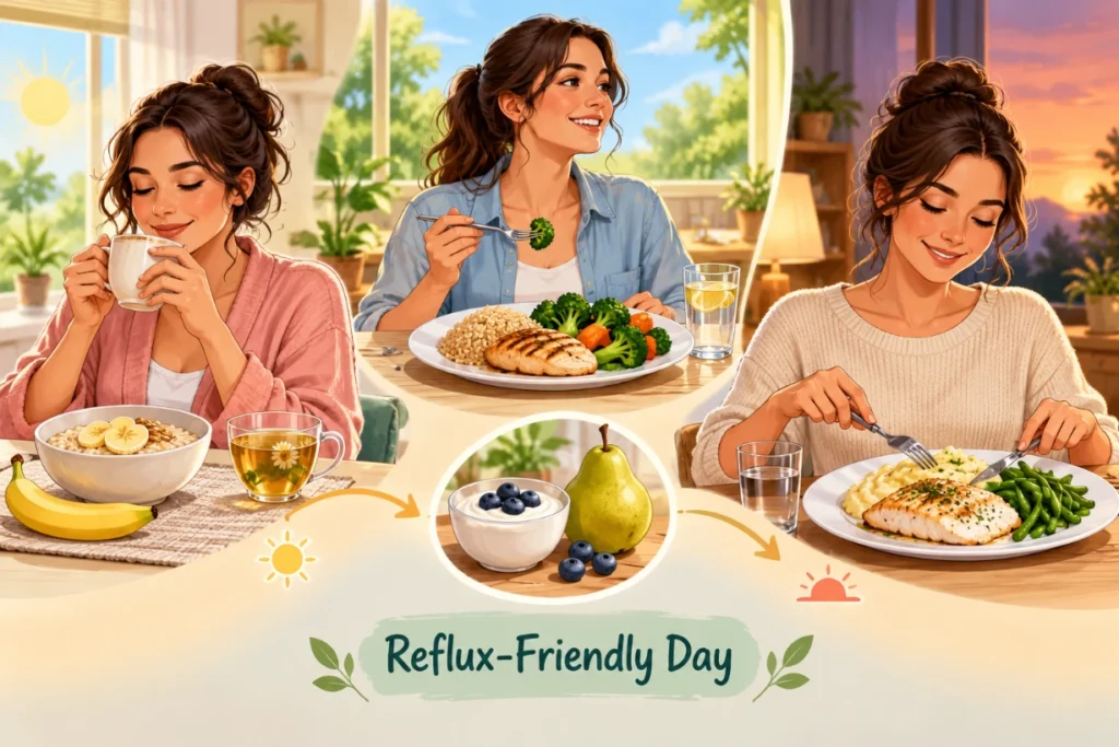 A full day of reflux-friendly meals featuring oatmeal, grilled chicken, vegetables, baked fish and yogurt.