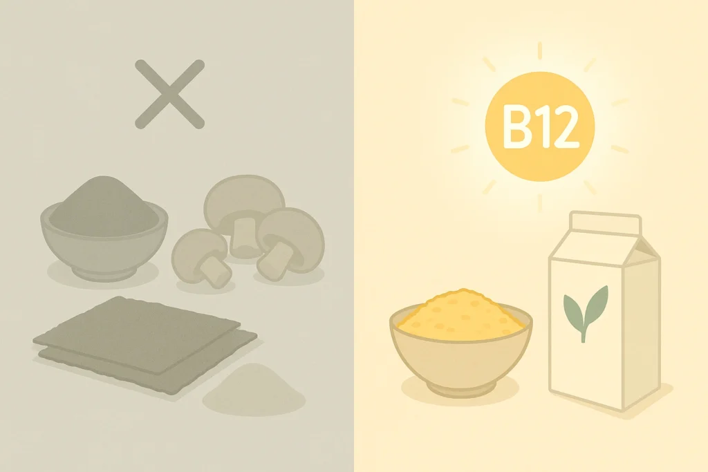 Muted algae and mushrooms contrasted with glowing fortified milk and nutritional yeast.