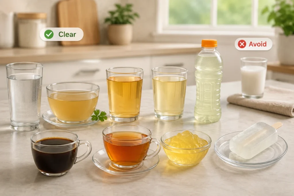 Core list: Clear liquids including water, broth, juice, coffee, tea, gelatin and popsicles.