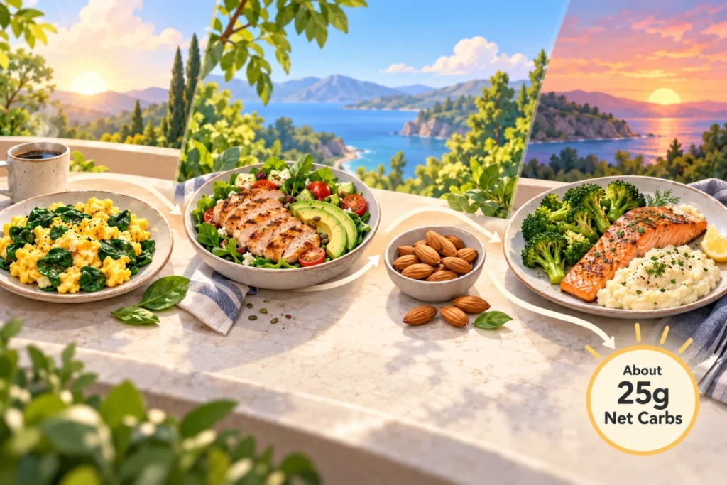 Four keto meals with eggs, chicken salad, almonds and salmon totaling about 25g net carbs.