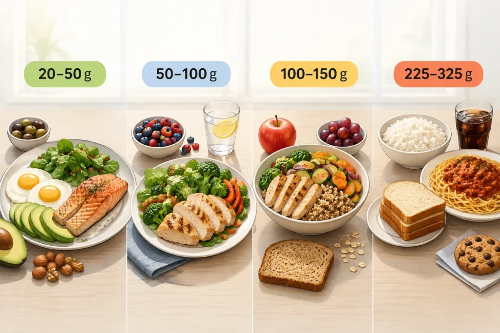 Four meal scenes show carb ranges from strict keto to a typical high-carb diet, from 20–50 g to 225–325 g.