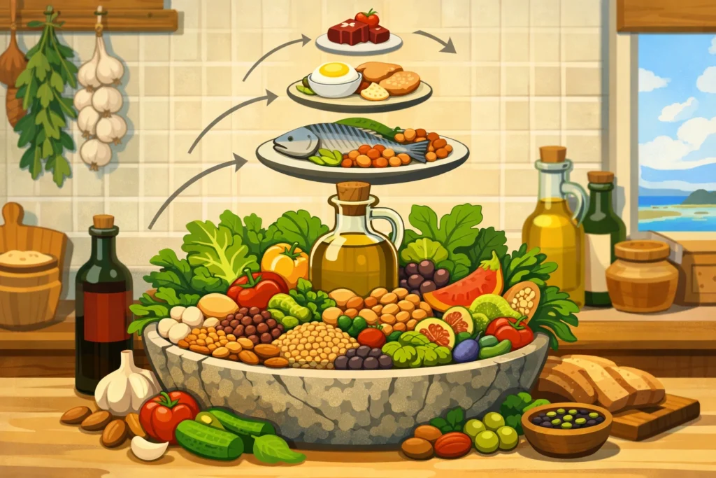 Mediterranean diet layers with vegetables, olive oil, fish, dairy, and small portions of meat above.