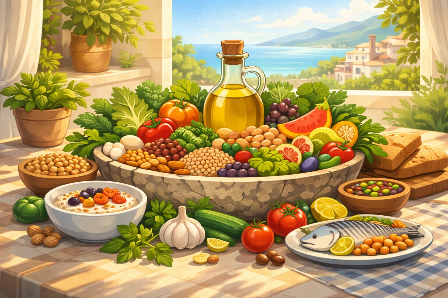 Mediterranean table with fresh vegetables, olive oil, fish, bread and yogurt by a sunlit coastal window.