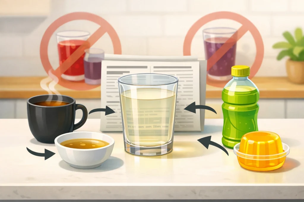 Clear glass showing a newspaper behind it, with tea, broth, sports drink, and gelatin on a kitchen counter.