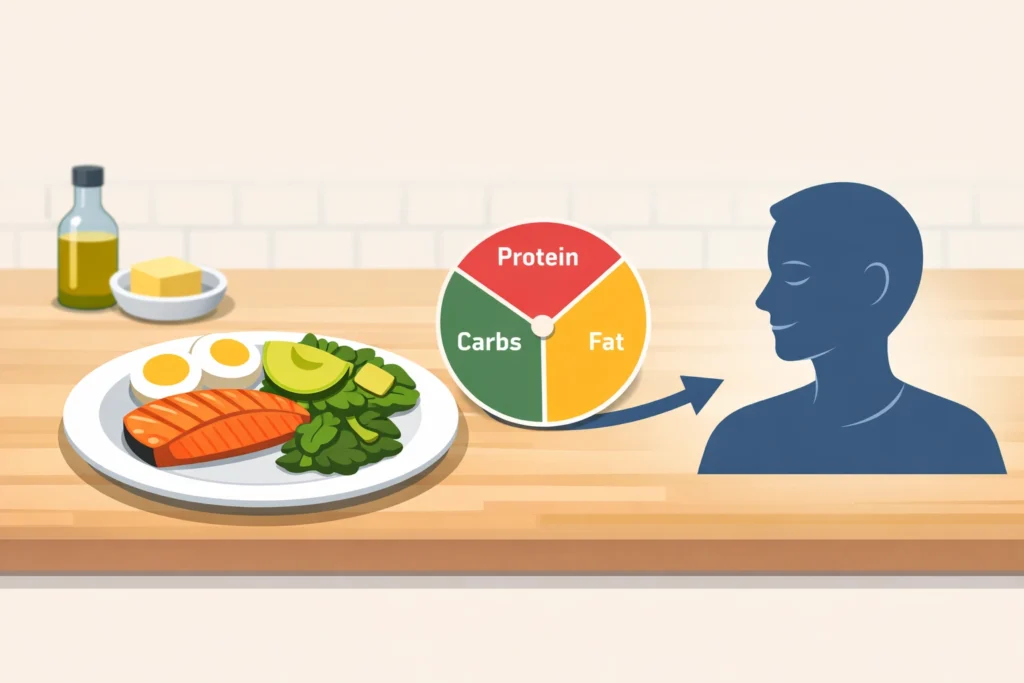 Keto plate showing protein, healthy fats, and a small portion of greens, with a gauge and calm figure.