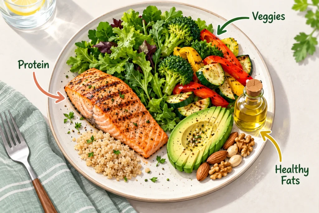 Low-carb plate with salmon, vegetables, avocado, nuts and olive oil showing protein, veggies and healthy fats.