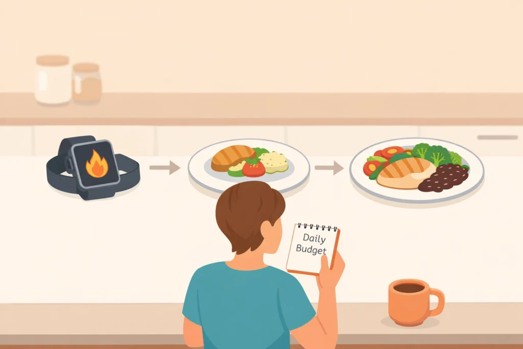 Person planning meals with daily budget, smartwatch activity, smaller portions, and healthier food choices.