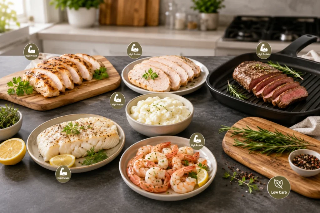 Lean protein foods including chicken, fish, shrimp, steak and egg whites on a healthy kitchen counter.