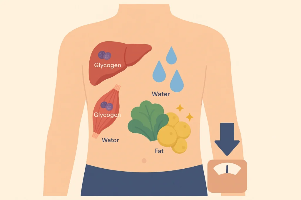 Simplified torso illustration showing glycogen loss, water release, and fat burning during early low carb dieting.