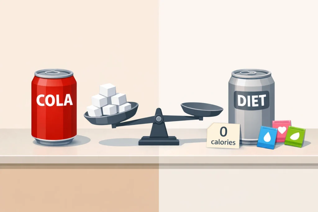 Regular soda with sugar cubes and diet soda with sweeteners on a counter, balanced by a tilted scale.