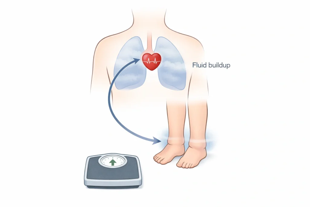 Simplified torso shows weak heart pumping, fluid in lungs and leg swelling with rising scale weight.