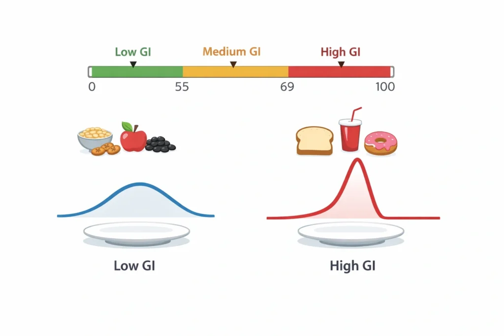 Low vs high glycemic foods shown by smooth and sharp blood sugar curves rising from plates.