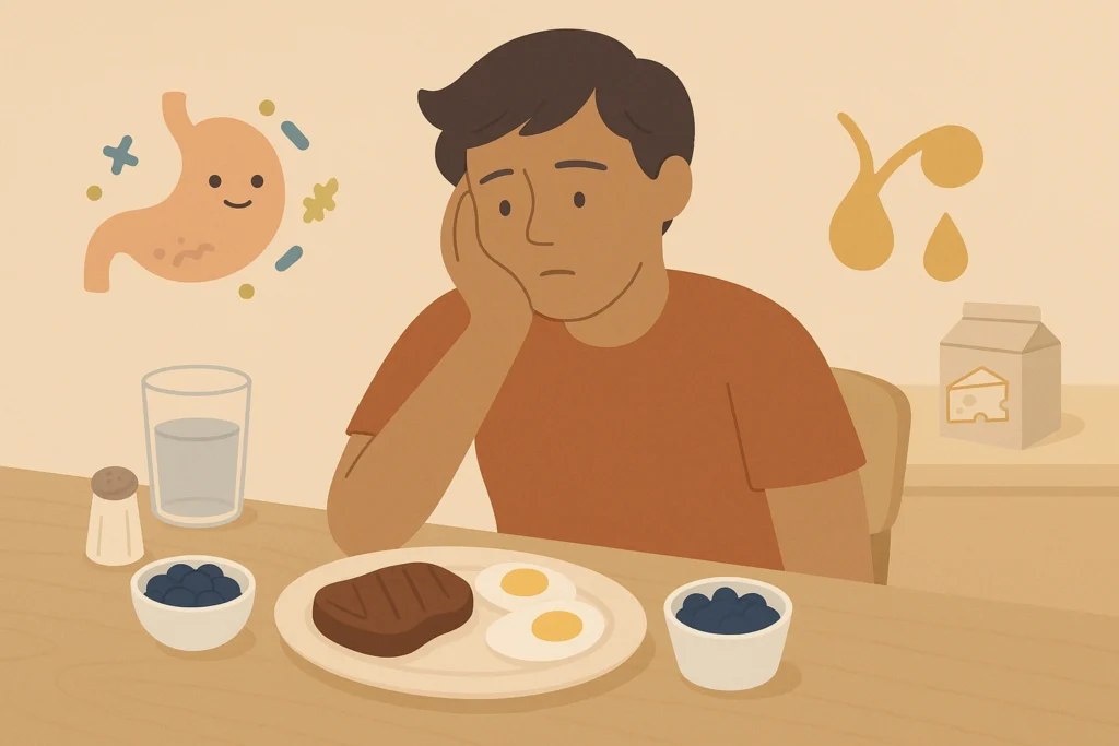 Thoughtful person at table with steak, eggs, berries, water+salt, gut and bile icons, dairy aside.