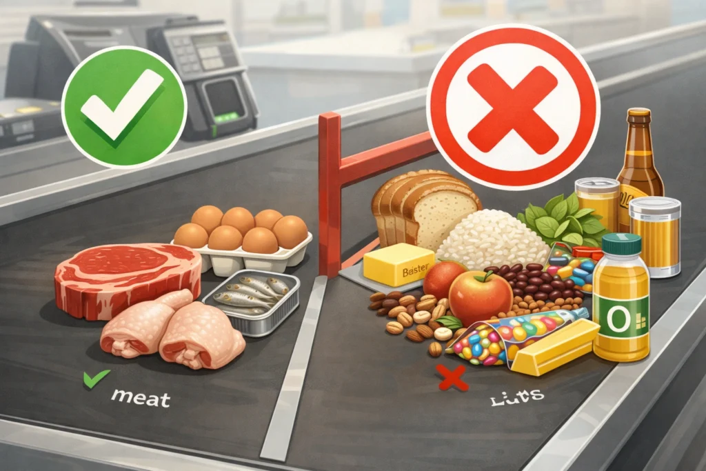 Grocery conveyor showing animal foods approved and plant foods blocked, marked with green check and red X.