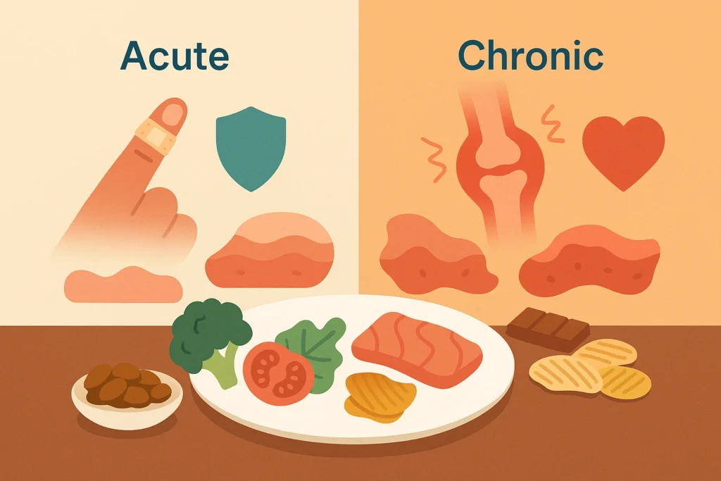 Split illustration showing acute vs chronic inflammation with healing icons, foods, and a central plate.