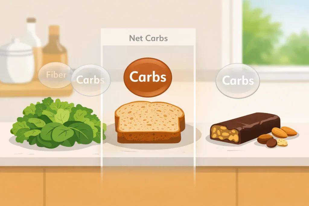 Leafy greens, bread, and a low-carb bar on a kitchen counter showing which carbs count as net carbs.