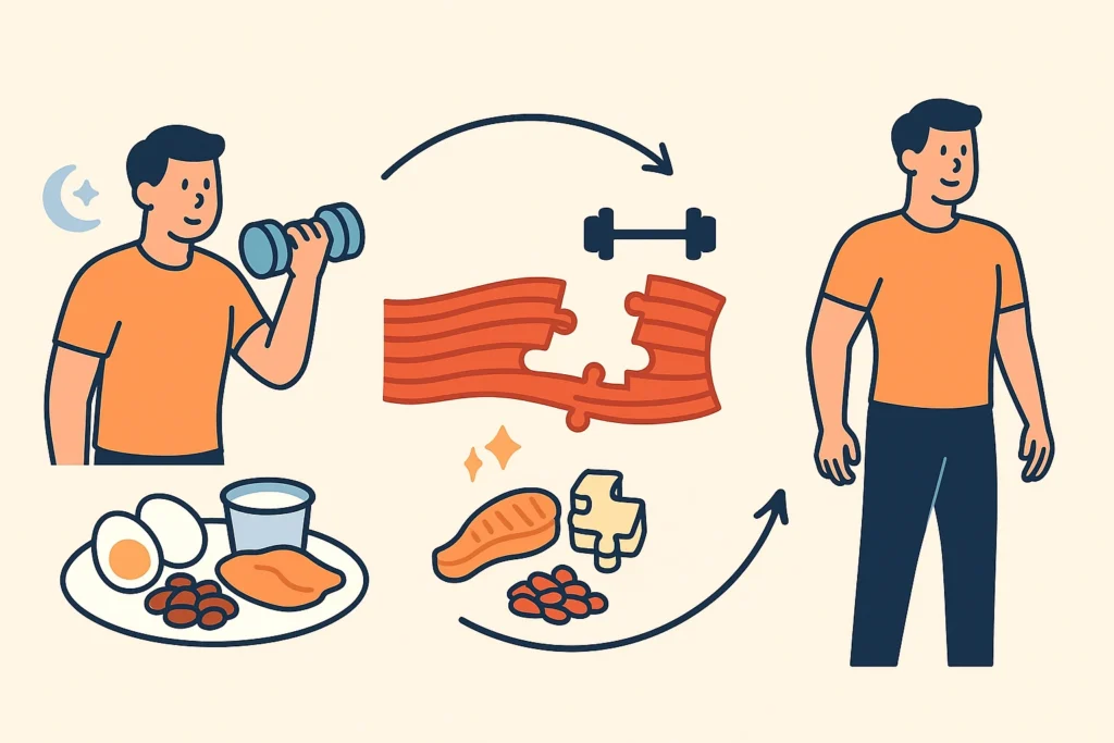 Protein foods + workout, puzzle-piece muscle repair, then stronger person with small recovery icons.