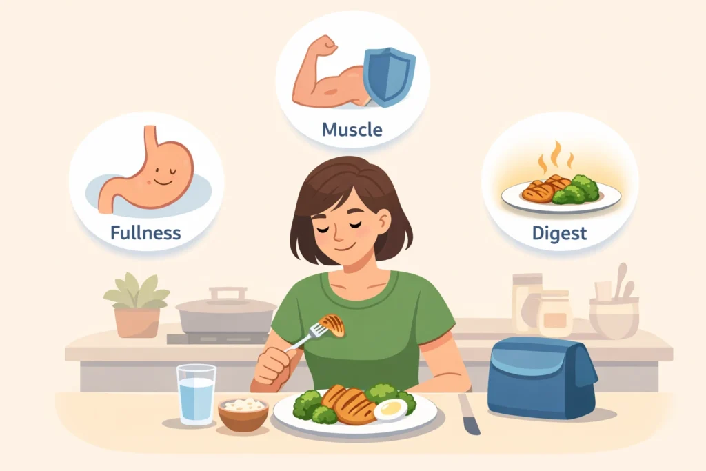 Person choosing a protein meal in a kitchen with icons showing fullness, muscle support, and digestion.