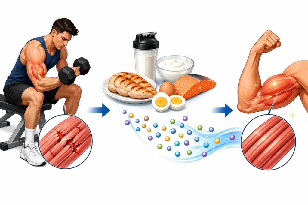 Weight training, protein intake, and muscle repair illustrated through amino acid delivery process.
