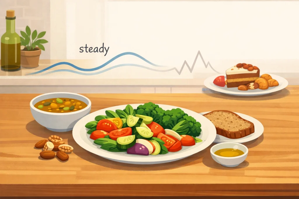 Mediterranean meal with vegetables, lentil soup, olive oil, and bread showing gentle blood sugar balance.
