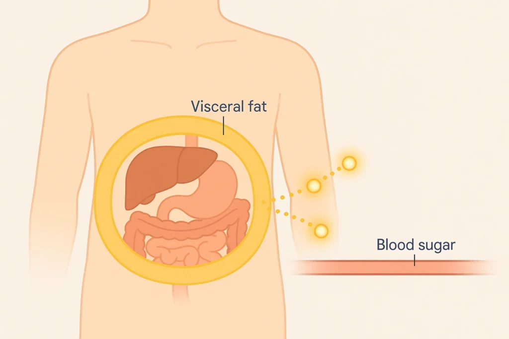 Torso cross-section shows visceral fat around organs, signaling toward a blood sugar line in calm tones.