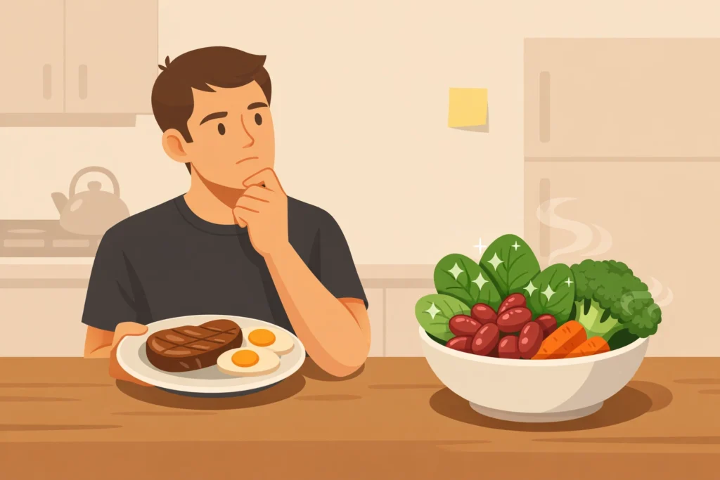Person in a kitchen holds steak and eggs, thoughtfully facing a bowl of vegetables on the counter.