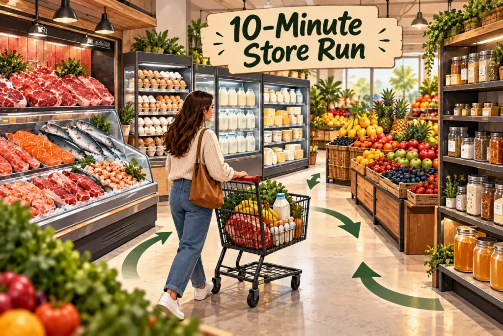 Shopper following a quick grocery route through meat, dairy, fruit, seasonings and broth sections.
