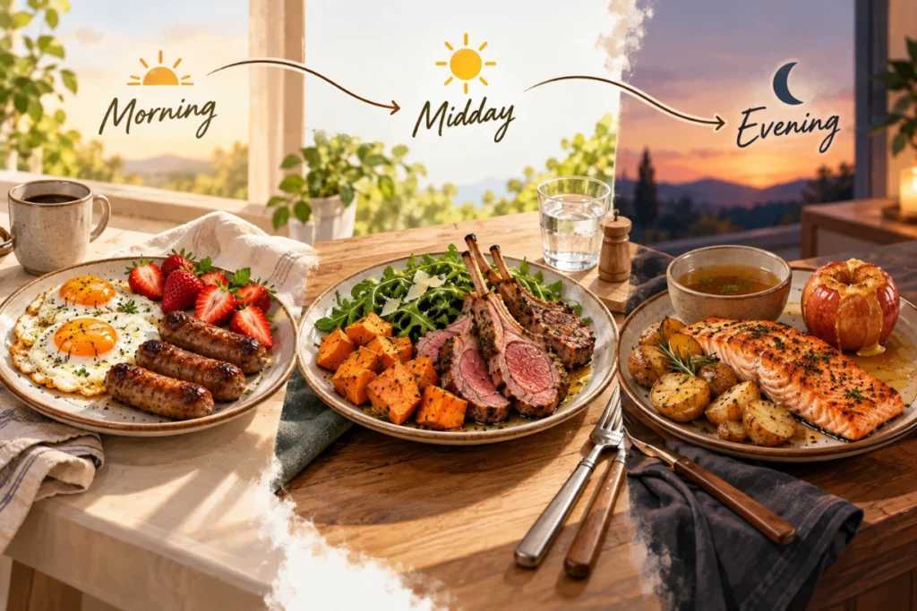 Animal-based breakfast, lunch and dinner shown from morning to evening with meats, fruits and sides.