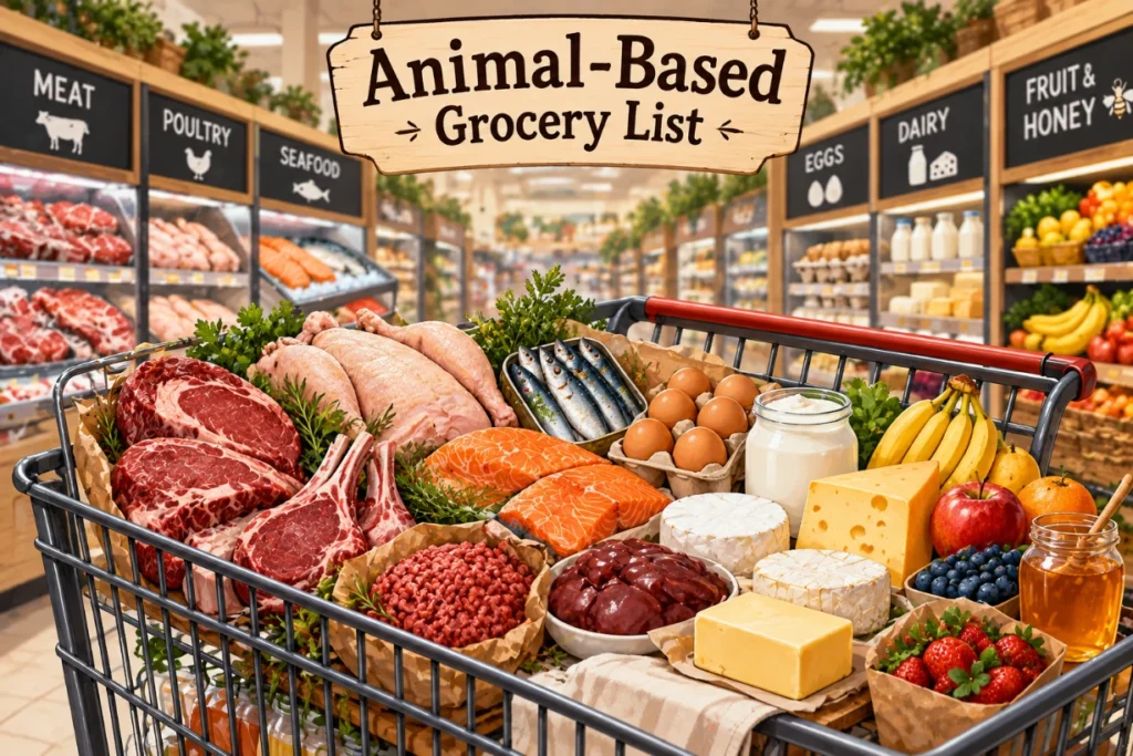Animal-based grocery cart filled with meat, seafood, eggs, dairy, fruit, honey and pantry staples.