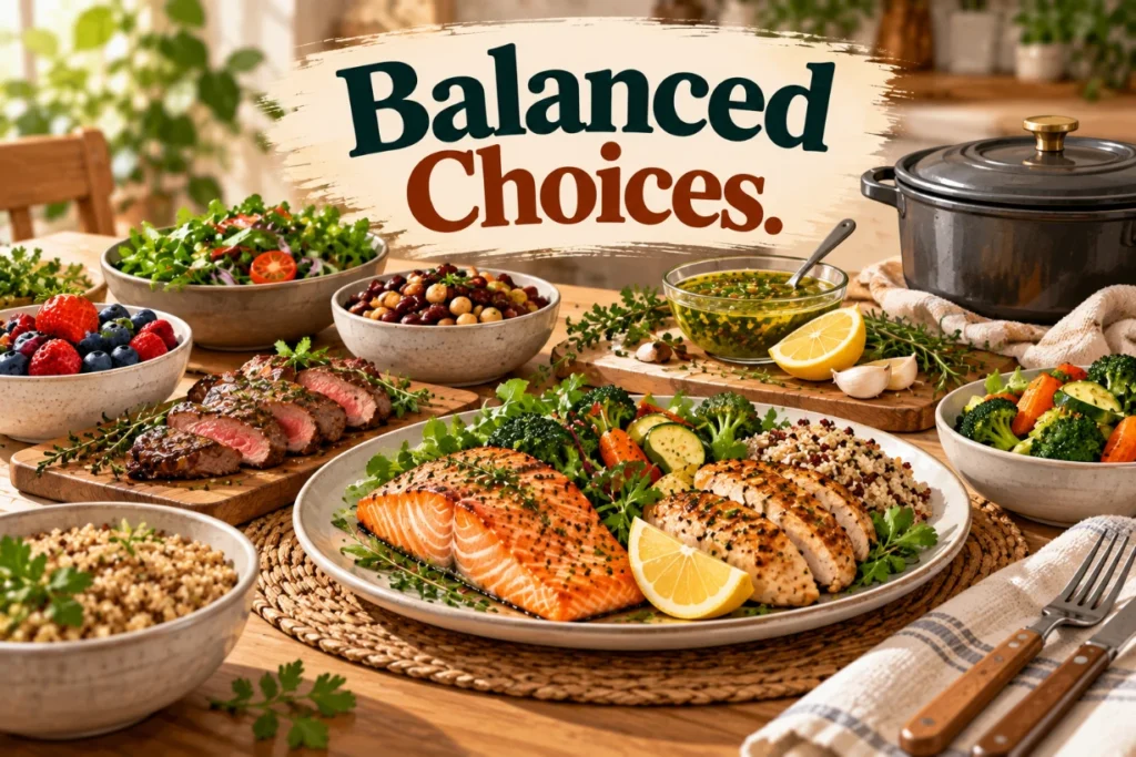 Balanced meal with salmon, chicken, lean red meat, berries, greens, beans and whole grains.