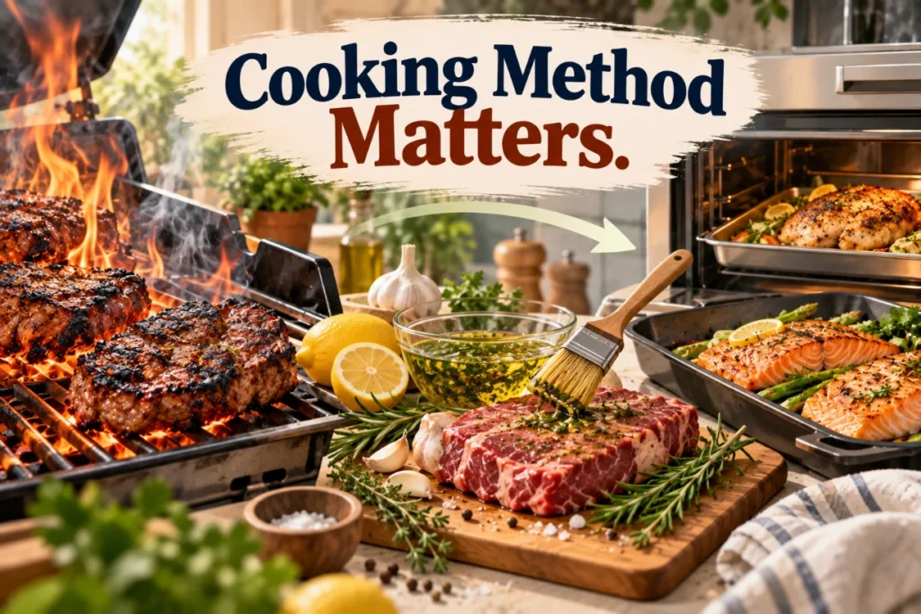 Charred grilled meat compared with gentler cooking using lemon, garlic, herbs and a fresh marinade.