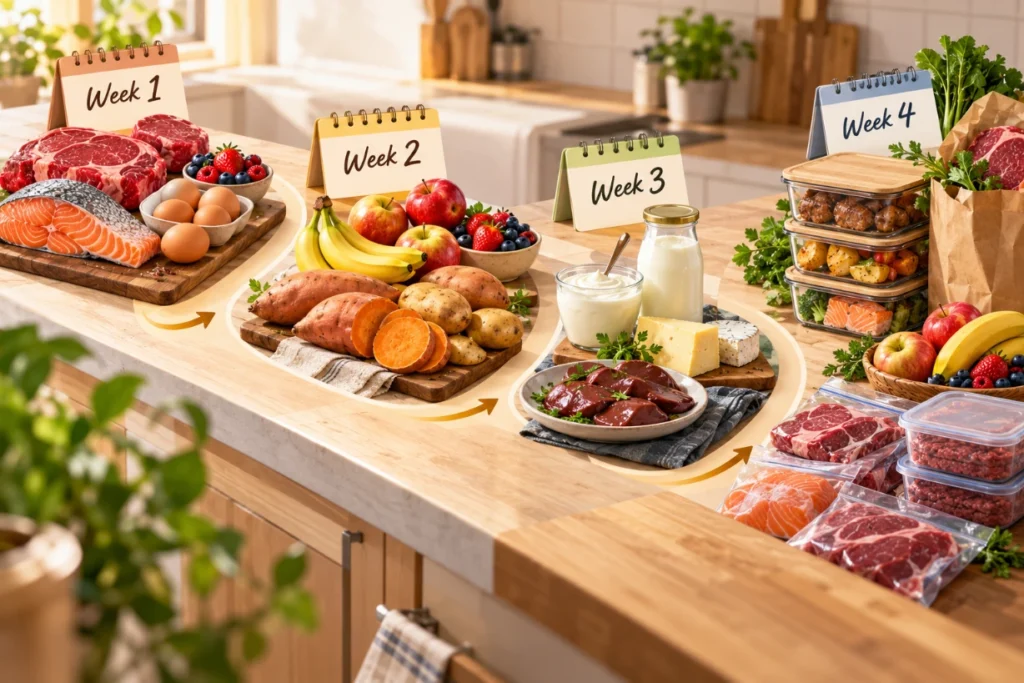 Four-week animal-based diet journey with proteins, carbs, dairy testing and organized meal planning.