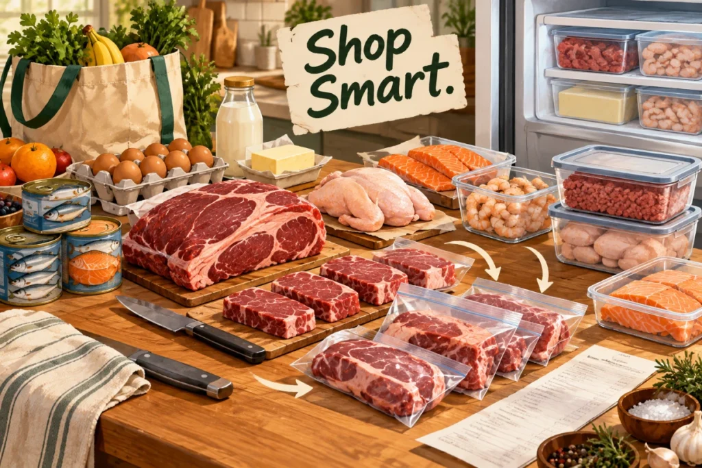 Animal-based groceries portioned for freezer storage with meat, seafood, eggs and budget-friendly foods.