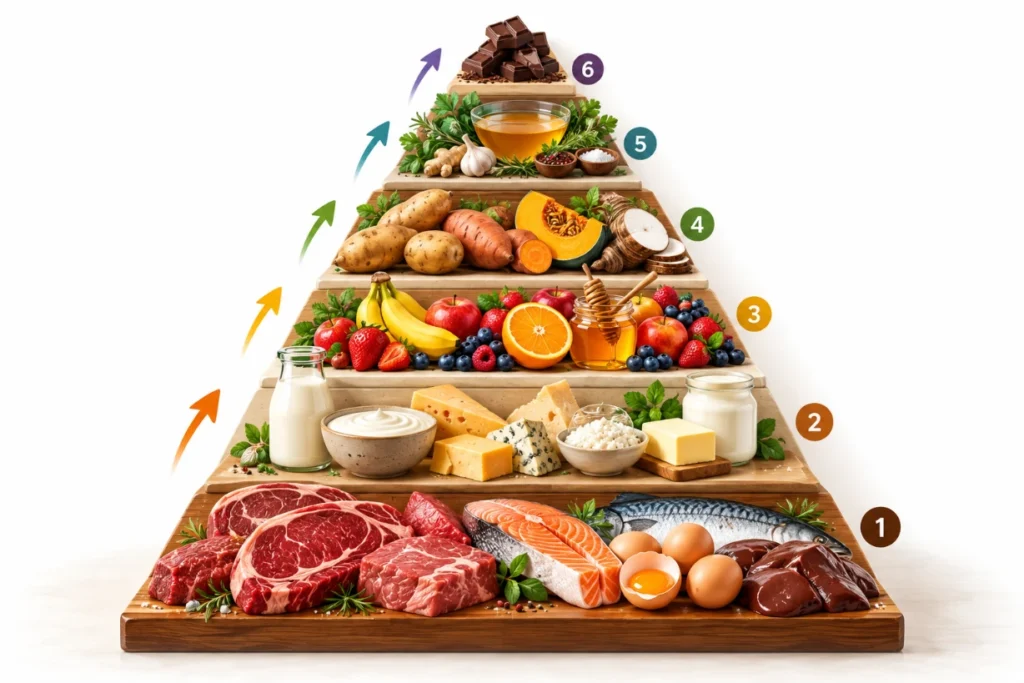 Six-level animal-based food pyramid with meat, dairy, fruit, roots, herbs, broth and dark chocolate.