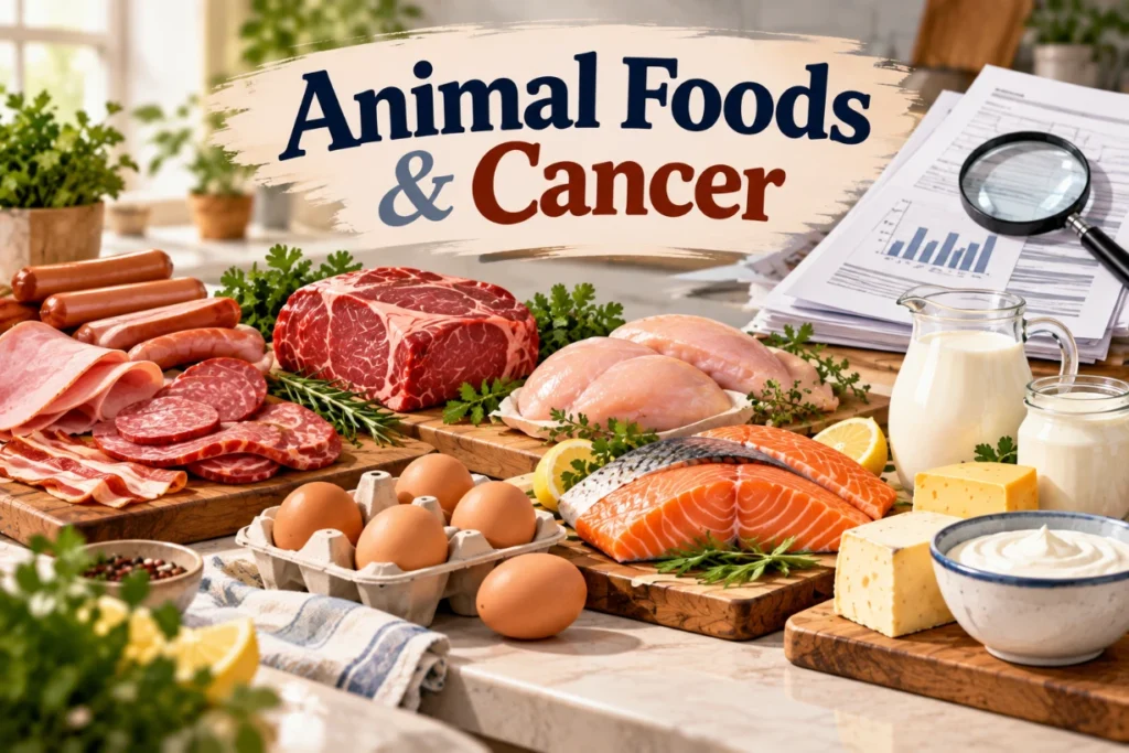 Animal foods including processed meat, red meat, chicken, salmon, eggs and dairy beside research papers.
